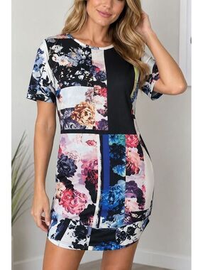 ZARA Women's Floral Patchwork Midi Shift Dress M Black Statement Made Portugal